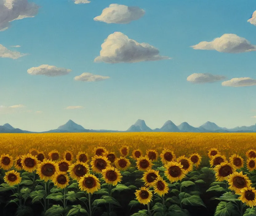 Prompt: a very detailed painting of a sunflower field, baby blue sky with very aesthetic stylized clouds, there is a big city with futuristic buildings in the back, there are mountains in the back, in the style of edward hopper and hugo pondz, very fine brushstrokes, 4 k,