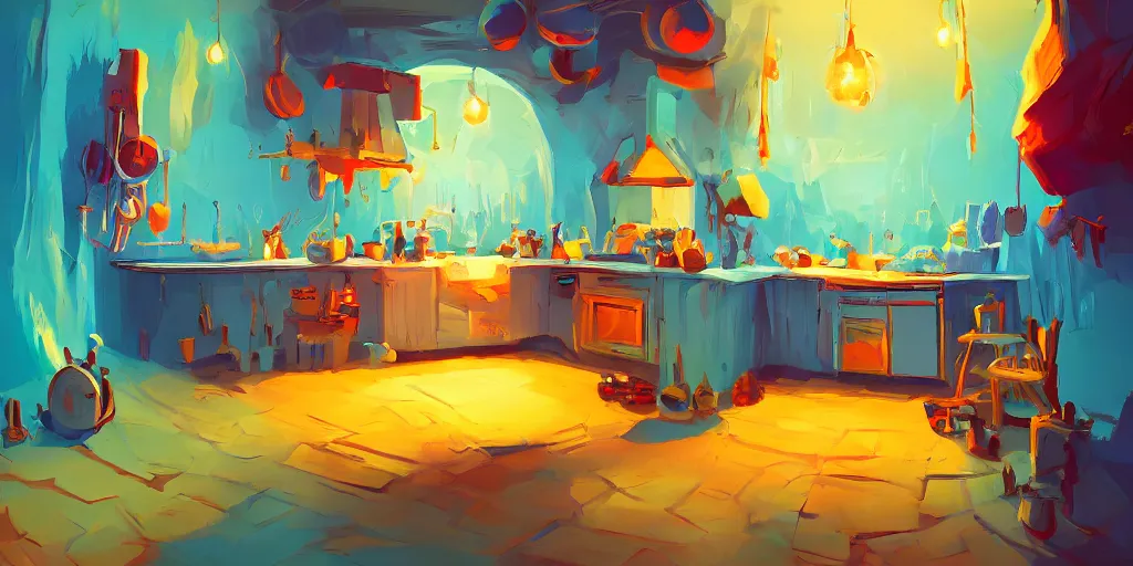 Prompt: weird perspective epic illustration of a kitchen dim lit by 1 candle in a scenic environment by anton fadeev