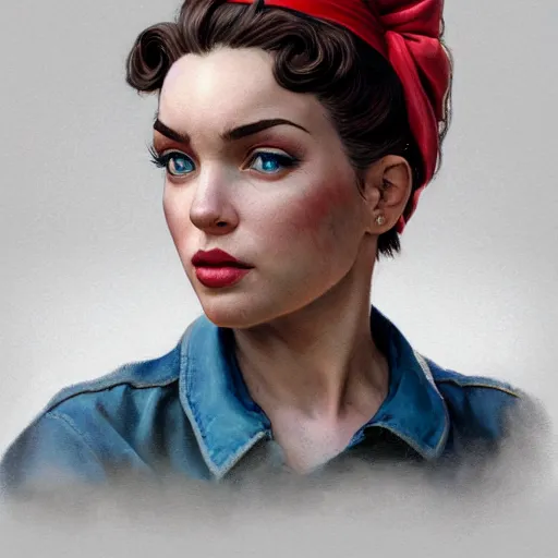 Image similar to A portrait of Rosie the Riveter, final fantasy, digital painting, portrait , cinematic lighting, highly detailed, artstation, concept art, illustration, smooth, sharp focus, artgerm , greg rutkowski, alphonse mucha, editor's pickup, trending on artstation, trending on deviantart, wlop, 8k