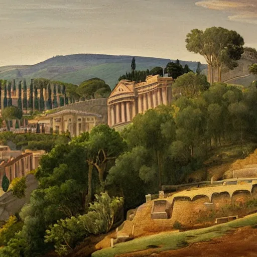 Image similar to a very detailed painting of a hill, ancient rome stands behind it in the distance, thick brush strokes, visible layers of paint.