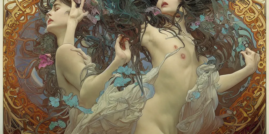 Image similar to such complicated hands, by james jean, by artgerm and greg rutkowski and alphonse mucha. uhd, amazing depth, cinematic lighting, glossy wet levitating floating fungus god with arms outstretched.