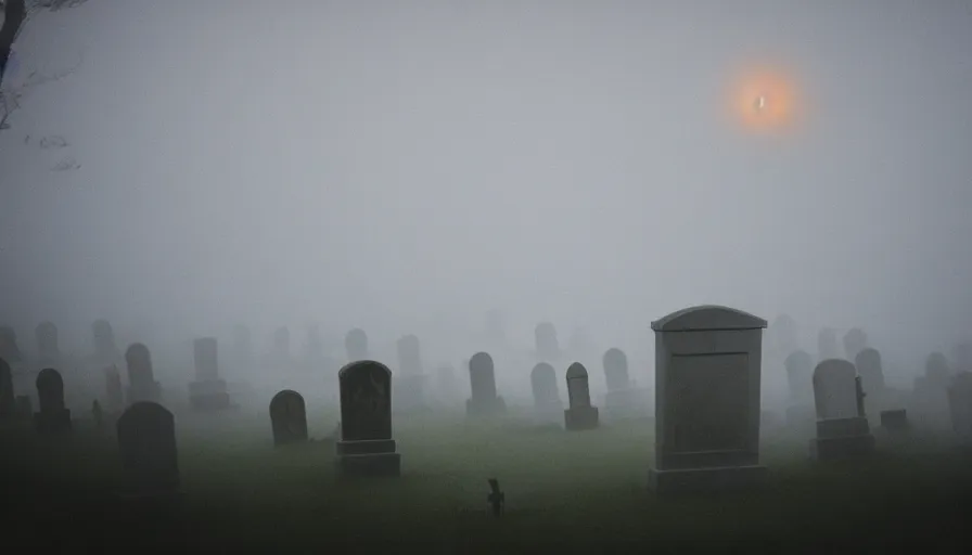 Prompt: a photograph of a translucent ghost floating above a cemetary by a beach, ethereal, foggy, scary ghost, muted colors, landscape