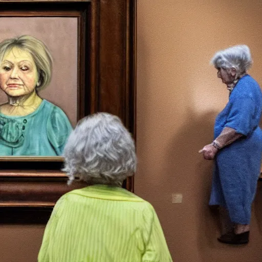 Prompt: old woman staring at a painting of her younger self