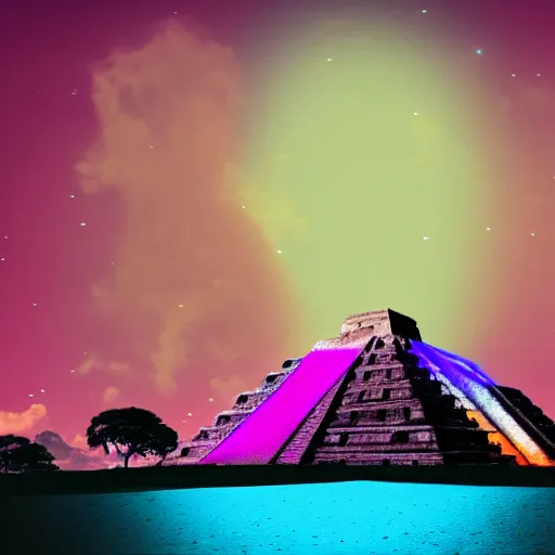 Image similar to cityscape full of mayan pyramids with neons and ufos in the sky viewed from a lake in retrowave style 4 k