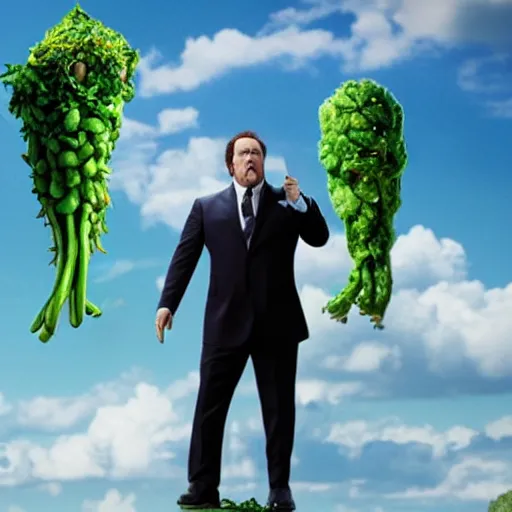 Image similar to Jon Favreau as Happy Hogan wearing a black suit and black necktie climbing a green beanstalk high in the sky of clouds