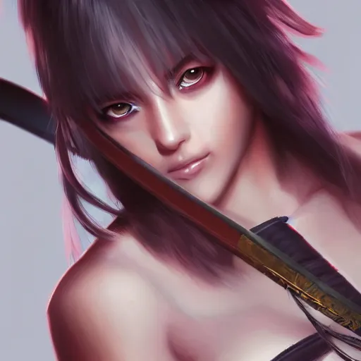 Image similar to closeup of a young cyberpunk samurai lady holding a sword, digital painting, anime style, Artstation, by Artgerm