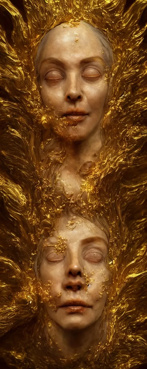 Image similar to Surreal portrait of a beautiful old goddess floating, Liquid gold simulation in background, ancient fairy dust, ultra super good realistic 3D render by Pete Morbacher and Emil Melmoth, insanely detailed, trending on artstation, sharp focus