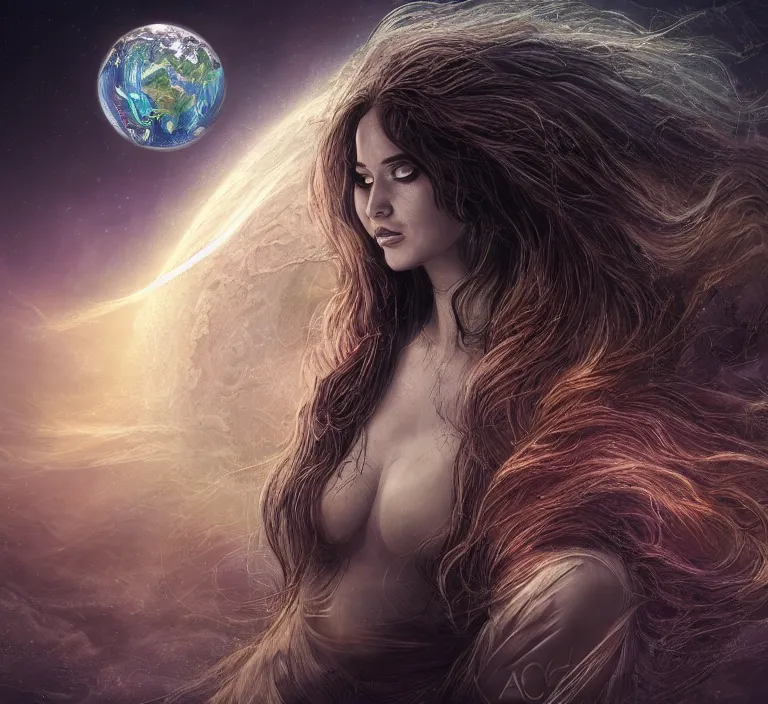 Image similar to beautiful celestial woman with long hair wrapping downward around earth seen for space, hyper-detailed, smooth, sharp focus, depth map, digital painting, apocalyptic art, fantasy dark art, 4k ultra hd, cinematic