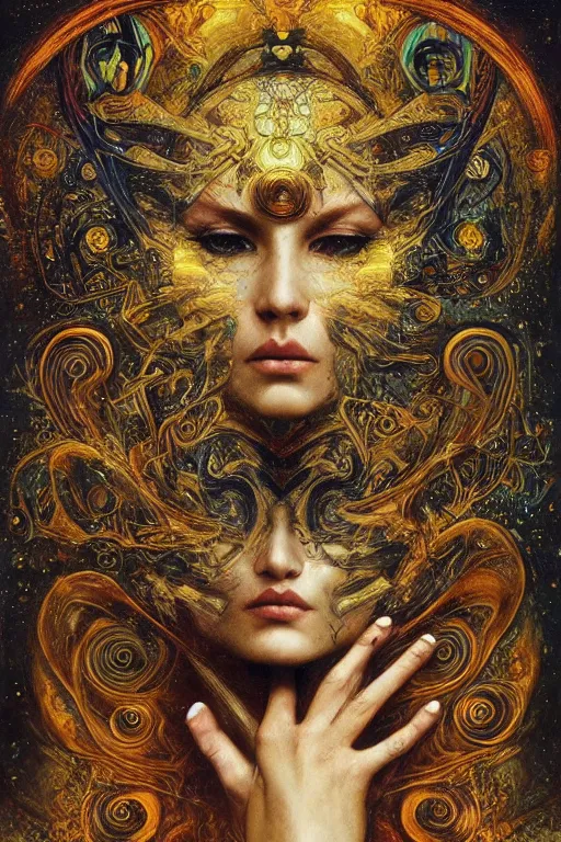 Image similar to Divine Chaos Engine by Karol Bak, Jean Deville, Gustav Klimt, and Vincent Van Gogh, beautiful visionary mystical portrait, sacred, otherworldly, fractal structures, surreal, ornate gilded medieval icon, third eye, spirals