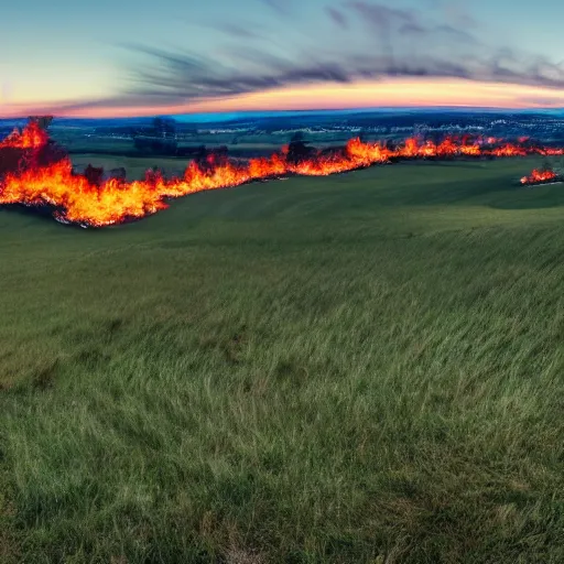 Prompt: panorama of a photorealistic grassland with a burning medieval village, 4 k, 8 k, cinematic photography, landscape photography