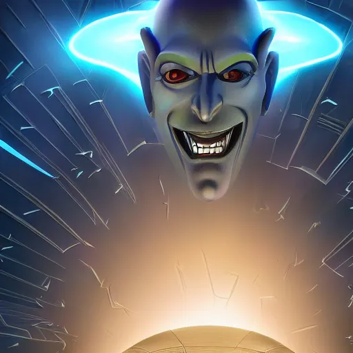 Image similar to megamind evil supervillain taking over a metropolis digital painting 4 k hd