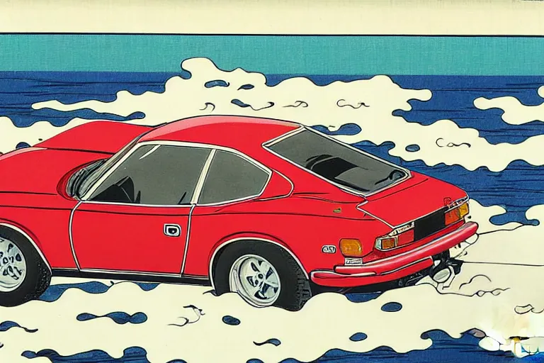 Image similar to ukiyo - e painting of a 1 9 7 5 datsun 2 4 0 z