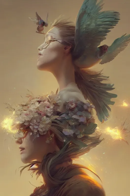 Prompt: beautiful girl exploding into flowers, angels, 3 d render, hyper - realistic detailed portrait, holding electricity and birds, ruan jia, wlop. scifi, fantasy, hyper detailed, octane render, concept art, peter mohrbacher