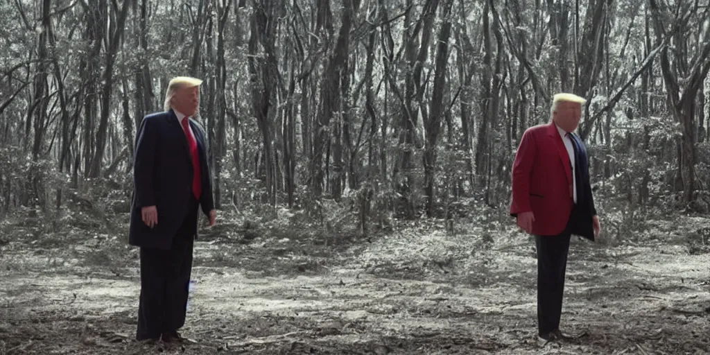 Prompt: movie still of donald trump in mandy ( 2 0 1 8 ) directed by panos cosmatos, film grain