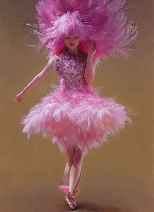 Prompt: beautiful little girl with an pink eccentric haircut wearing an dress made of feathers dancing on stage, artwork made by ilya kuvshinov, inspired in donato giancola, hd, ultra realistic, reflection, flowers, light