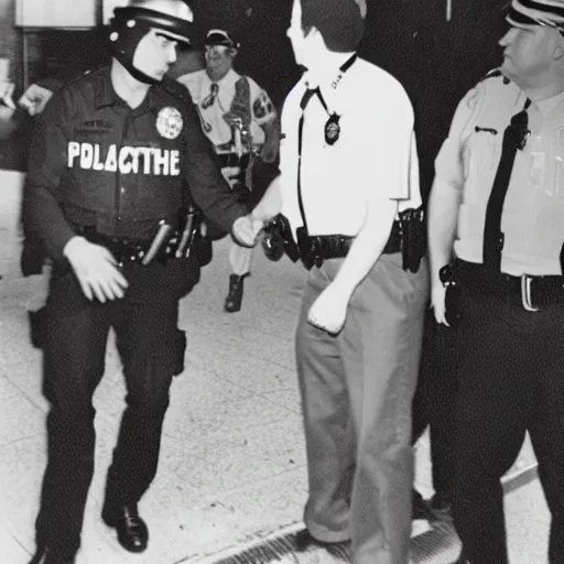 Image similar to big bird being arrested for inciting a riot, 35mm photo