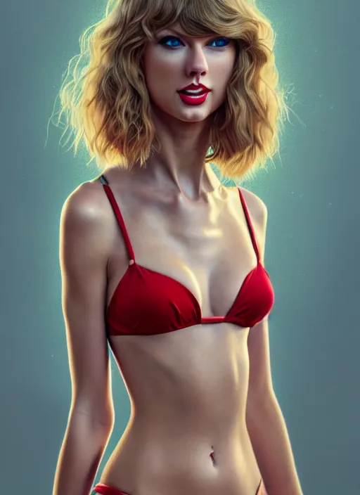 Image similar to 3 / 4 view of a portrait of taylor swift wears compact alluring bikini, evangelion, au naturel, hyper detailed, digital art, trending in artstation, cinematic lighting, studio quality, frostbite 3 engine rendered, octane render, art style by klimt and nixeu and ian sprigger and wlop and krenz cushart