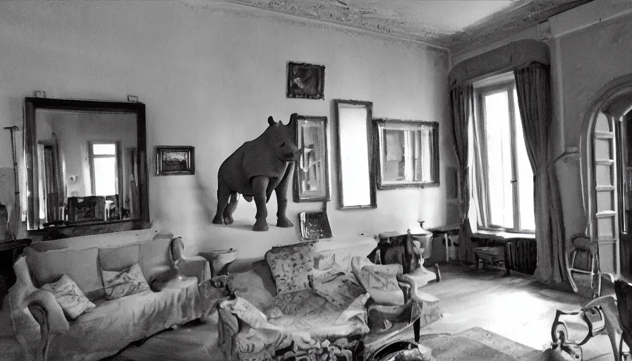 Prompt: a rhinoceros in a french townhouse interior, by mini dv camera, very very low quality, heavy grain, very blurry, accidental flash, caught on trail cam