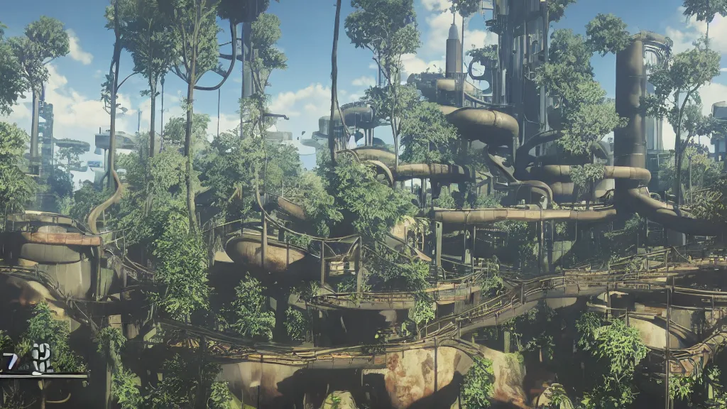 Prompt: Screenshot from Nier Automata, beautiful landscape at a water park