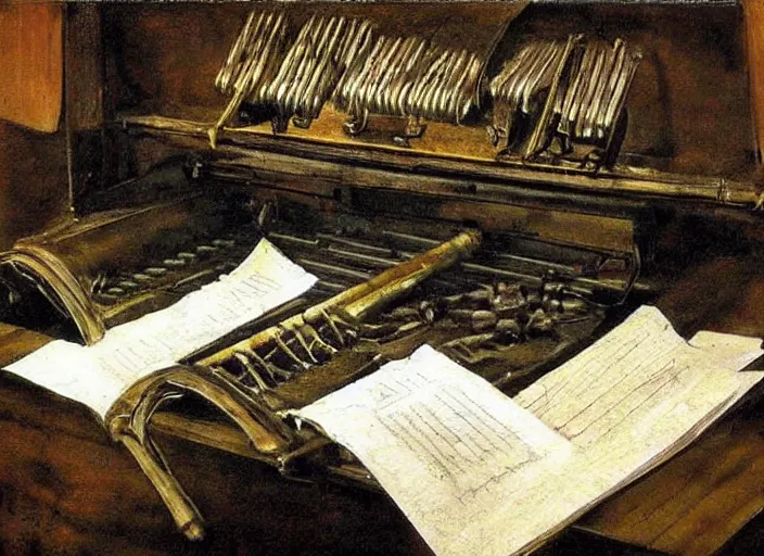 Image similar to battered dieselpunk pipe organ, painting by andrew wyeth, very detailed, somber mood,