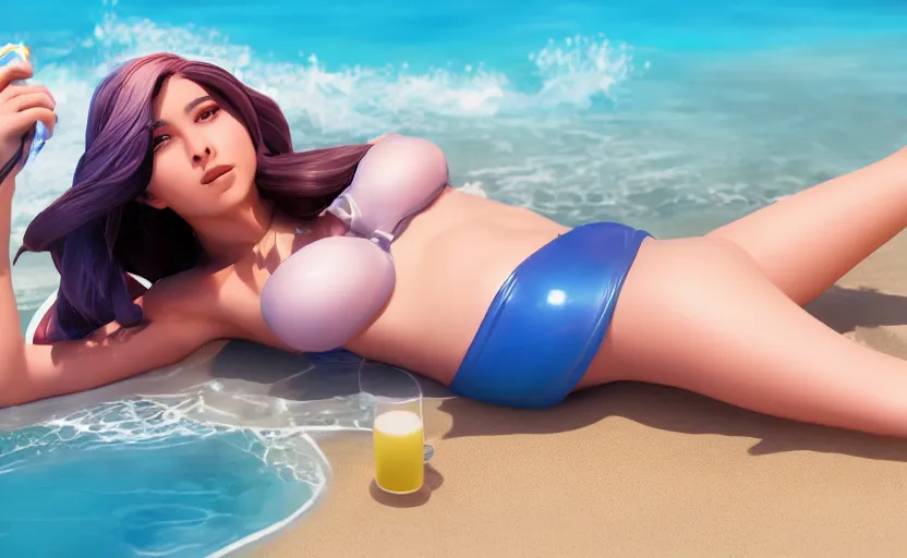 Image similar to beautiful render of pool party Caitlyn (league of legends) laying down in hawaii beach, 3d, octane render, realistic, highly detailed, Disney