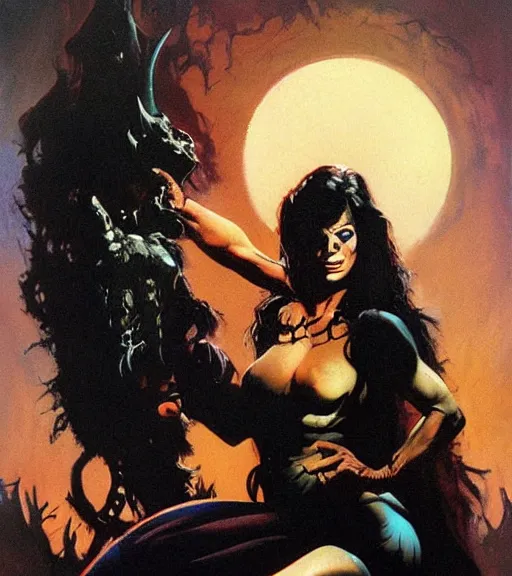 Image similar to seventies horror actress, dark night, strong line, deep color, beautiful! coherent! by brom, by frank frazetta,