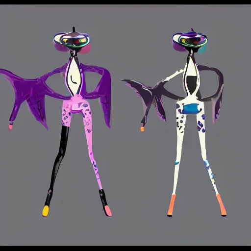 Prompt: character designs for a fashionable nonbinary androgynous gothic manta ray humanoid person with manta ray fin arms who sells empty spray paint cans as a scam and is always covered in paint and acting shady, designed by splatoon nintendo, inspired by tim shafer psychonauts 2 by double fine, cgi, professional design, gaming