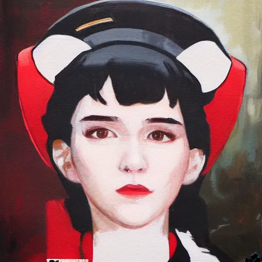 Prompt: oil paining of twentytwo year old female character with ( ( ( cat ears ) ) ) wearing soviet era uniform, wearing a tshirt with a face of karl marx on it, in the style of krenz cushart