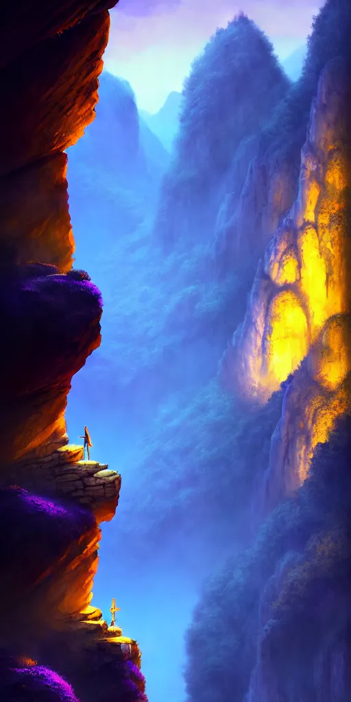 Image similar to Gorge in the mountain, white stone temple ruins, night dramatic lighting, blue, yellow and purple tones, wide camera angle, matte painting, trending on ArtStation, concept art, delightful surroundings, high detail, sharp contrast, picturesque