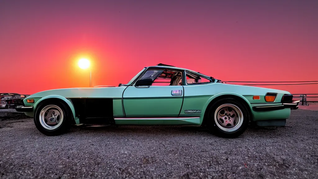 Image similar to synthwave datsun 2 4 0 z at sunset, 8 k. filling of the view