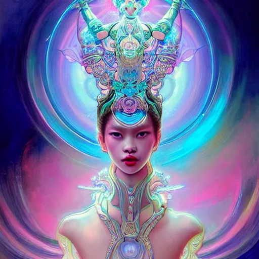 Prompt: Lalisa Manobal as a beautiful celestial pearlescent Goddess wearing a futuristic lush Greek battlesuit exposed in cryo chambers by James Jean, royal blue and pink theme, intricate, elegant, highly detailed, centered, digital painting, artstation, concept art, smooth, sharp focus, illustration, by Peter Mohrbacher, WLOP