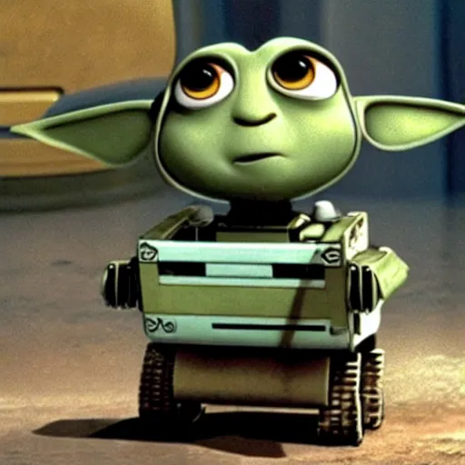 Image similar to wall - e playing the role of yoda in star wars 1 9 8 0