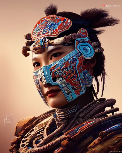 Image similar to portrait of a machine from horizon zero dawn, machine face, upper body, decorated with chinese opera motifs, asian, traditional chinese art, intricate, elegant, highly detailed, digital painting, artstation, concept art, smooth, sharp focus, illustration, art by artgerm and greg rutkowski and alphonse mucha, 8 k