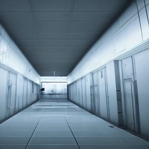 Image similar to lonely spaces of underground lab, sterile, clean, cinematic, liminal space, unreal engine, in-game screenshot