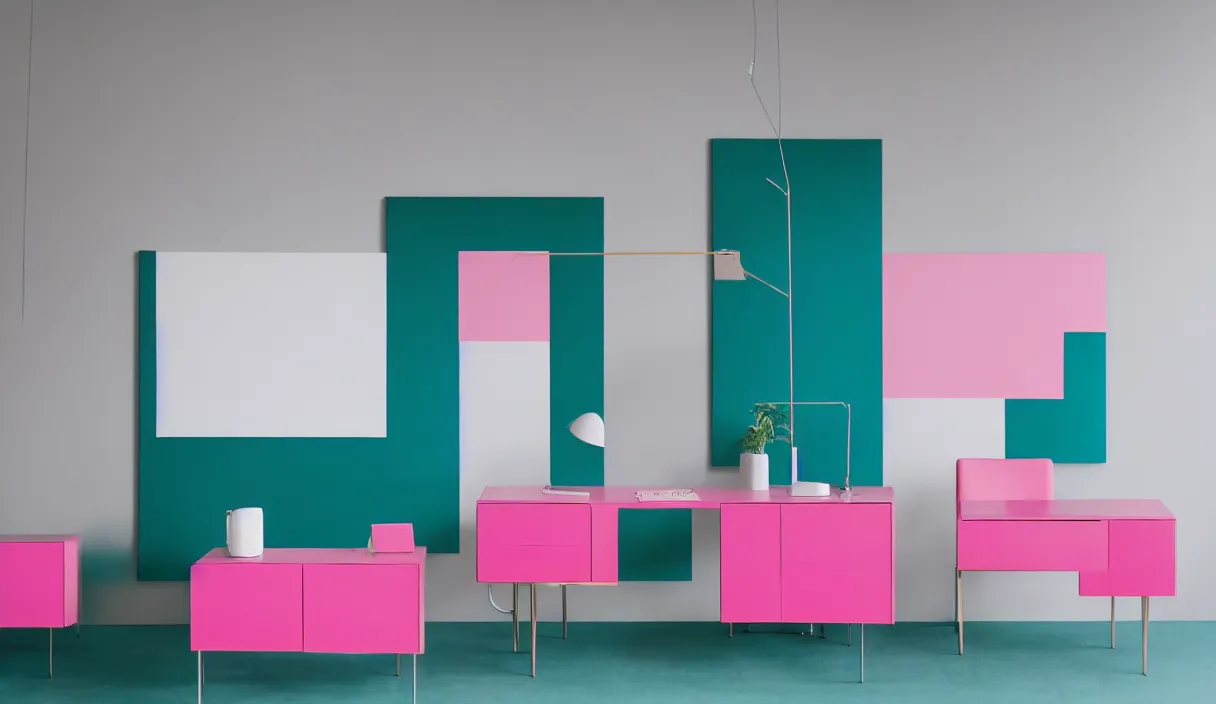 Image similar to a minimal 7 0 s prisunic catalog with the indoor office of severance series ( 2 0 2 2 ), in color, all furniture in pink velvet, soft clear green, blue navy and metal