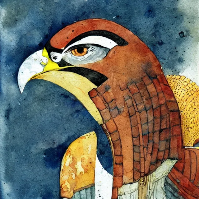 Prompt: expresionistic watercolor of Horus the falcon headed egyptian god, by Enki Bilal, by Dave McKean