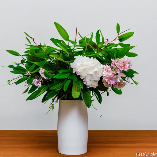 Image similar to a photo of 8k Ikebana in flower vase, full body, wide angle, sony a7r3, ultra detail, photorealistic, in simple background