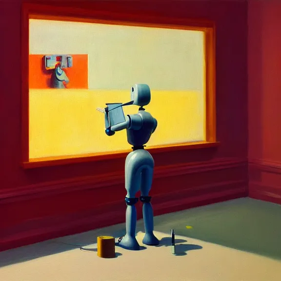 Image similar to beautiful illustration of a robot painting an artwork on a canvas with a paintbrush by Edward Hopper, colorful octane render