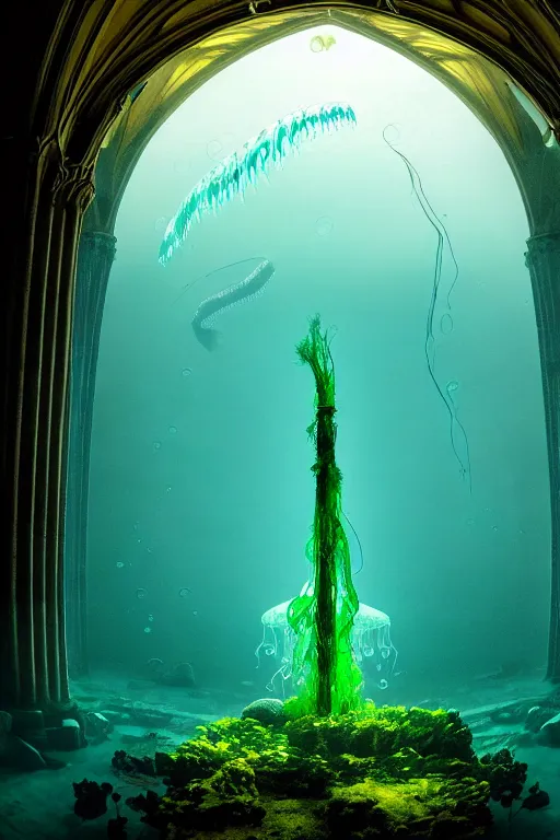 Prompt: high quality photo of cinematic underwater dystopian neo - gothic cathedral ruins with giant luminescent colorful aquatic plants and jellyfish, digital art masterpiece, aykut aydogdu eric zener, dramatic volumetric light, long shot, low angle uhd 8 k, sharp focus