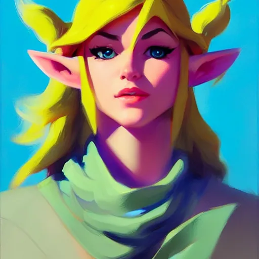 Image similar to portrait of a female Link from legend of Zelda, medium shot, asymmetrical, profile picture, Organic Painting, sunny day, Matte Painting, bold shapes, hard edges, street art, trending on artstation, by Greg Manchess and Gil Elvgren and Sachin Teng