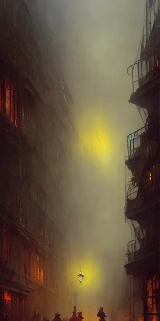 Image similar to a street of a city in 1 9 4 0 with yellow light on from the windows during the night, a men stand up under a light, steam punk, mystical red fog, oil on canvas, art by andreas achenbach, clemens ascher, tom bagshaw and sabbas apterus,