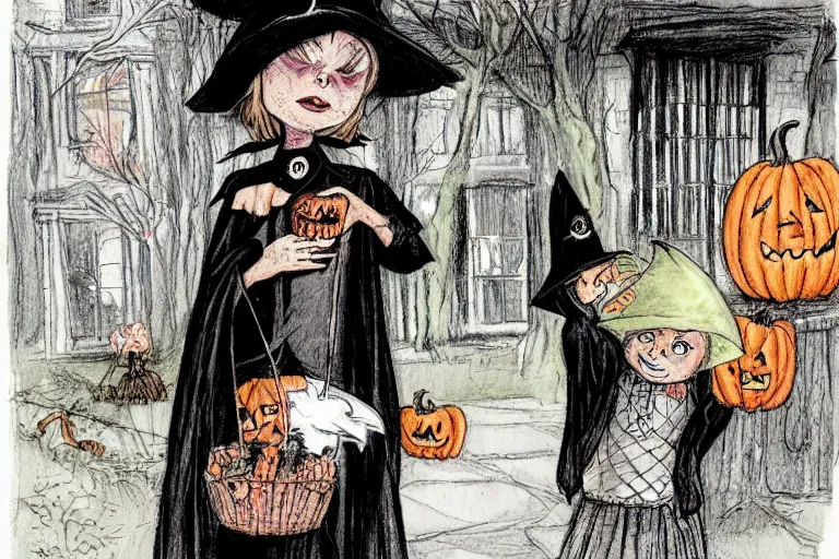 Prompt: a witch handing out candy, trick or treaters halloween night, colored pencil ink wash by scott wills and ashley wood