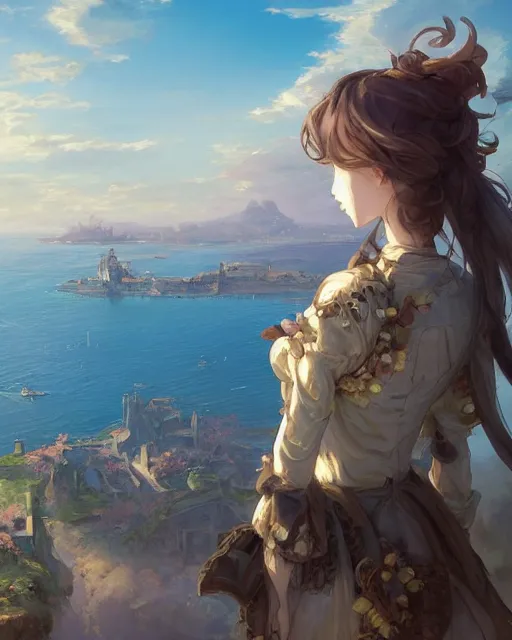 Prompt: over the shoulder landscape painting of violet evergarden, behind her is a distant old european city leiden from violet evergarden next to the reflecting ocean, ocean, sunshine, by Philipp A. Urlich and Pengzhen Zhang and Andreas Rocha and WLOP and Rossdraws, fantasy, intricate, elegant, highly detailed, digital painting, trending on artstation, blender, unreal engine 5, octane render, smooth, sharp focus, illustration