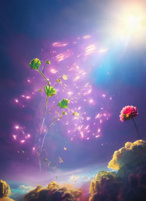 Prompt: An epic fantastic realism comic book style painting of the most beautiful flowers launched into space, bouquets, lens flare, fisheye lens, unreal 5, DAZ, hyperrealistic, octane render, dynamic lighting
