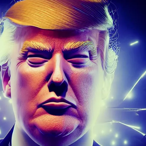 Image similar to donald trump as violin player full body detailed, ethereal, cyborg biomechanics, covered in blood diamonds and other gems glowing, highly detailed face, evil posed, evil expression, intricate, extremy detailed, beeple, cgsociety, 3 d unreal engine octane render. cinematic lighting, highly detailed 4 k art