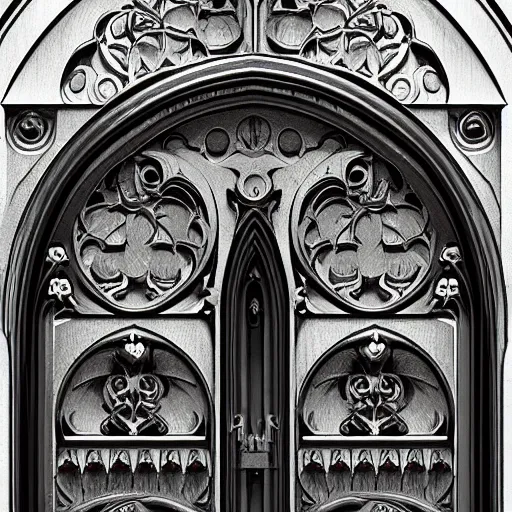 Prompt: portal double doors with a big face carved in the center. gothic medieval baroque. black iron. symmetry. epic. ominous shapes. trending on artstation