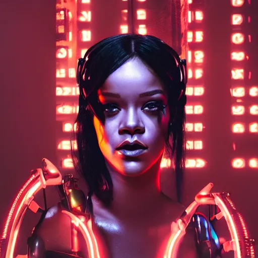 Prompt: portrait of rihanna as a cyborg in a futuristic city, surrounded by neon lights, cinematic, fantasy