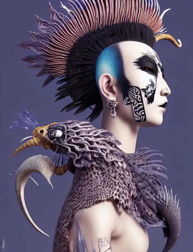 Image similar to 3 d goddess close - up profile simple portrait punk with mohawk with goat skull. beautiful intricately detailed japanese crow kitsune mask and clasical japanese kimono. betta fish, jellyfish phoenix, bio luminescent, plasma, ice, water, wind, creature, artwork by tooth wu and wlop and beeple and greg rutkowski