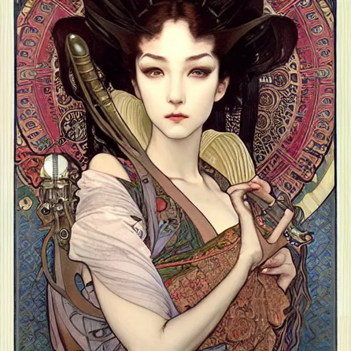 Prompt: realistic detailed face portrait of a Steampunk Geisha by Alphonse Mucha, Ayami Kojima, Amano, Charlie Bowater, Karol Bak, Greg Hildebrandt, Jean Delville, and Mark Brooks, Art Nouveau, Neo-Gothic, gothic, rich deep moody colors