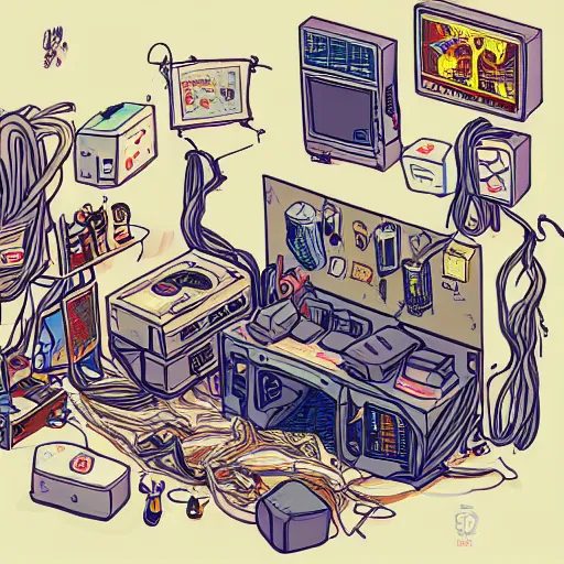 Prompt: a highly detailed illustration of a messy gamer's bedroom, tangled wires, dim lights, messy bed, a sink, cyberpunk, dystopian, artstation